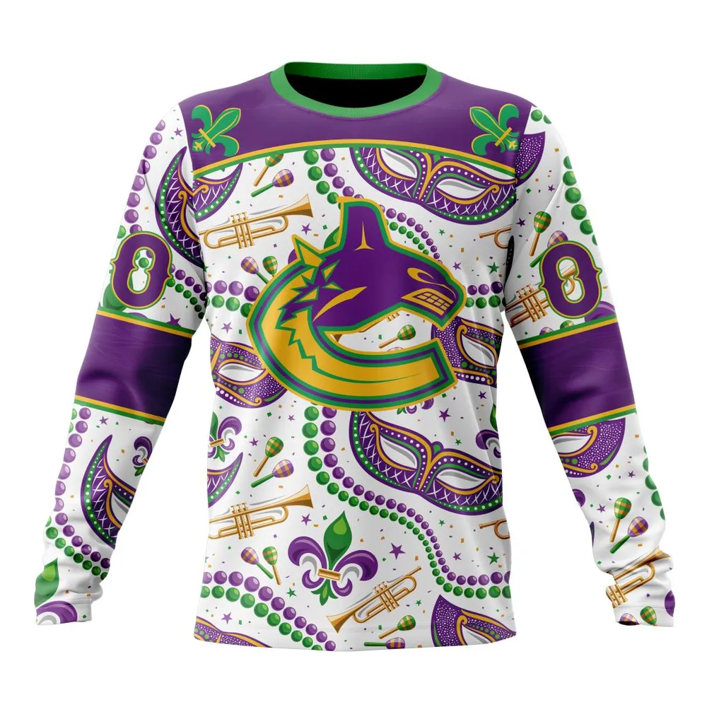 NHL Vancouver Canucks Special Mardi Gras Design St2401 Long Sleeved Sweatshirt 