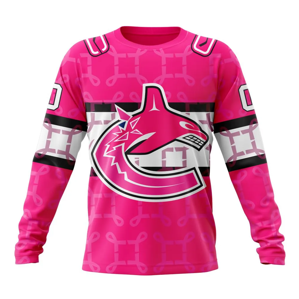 NHL Vancouver Canucks | Specialized Design I Pink I Can! In October We Wear Pink Breast Cancer Long Sleeved Sweatshirt 