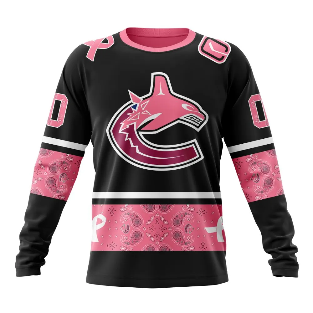 NHL Vancouver Canucks | Specialized Design In Classic Style With Paisley! In October We Wear Pink Breast Cancer Long Sleeved Sweatshirt 