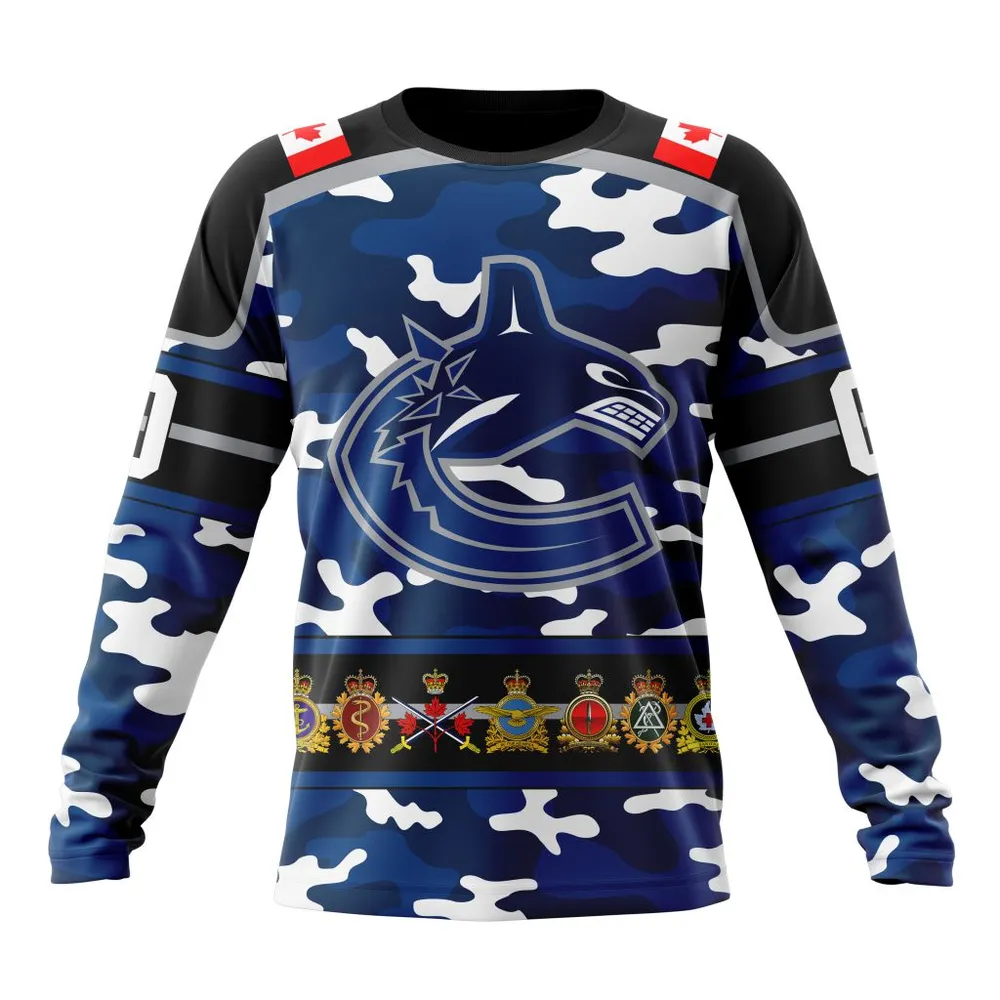 NHL Vancouver Canucks | Specialized Design Wih Camo Team Color And Military Force Logo Long Sleeved Sweatshirt 