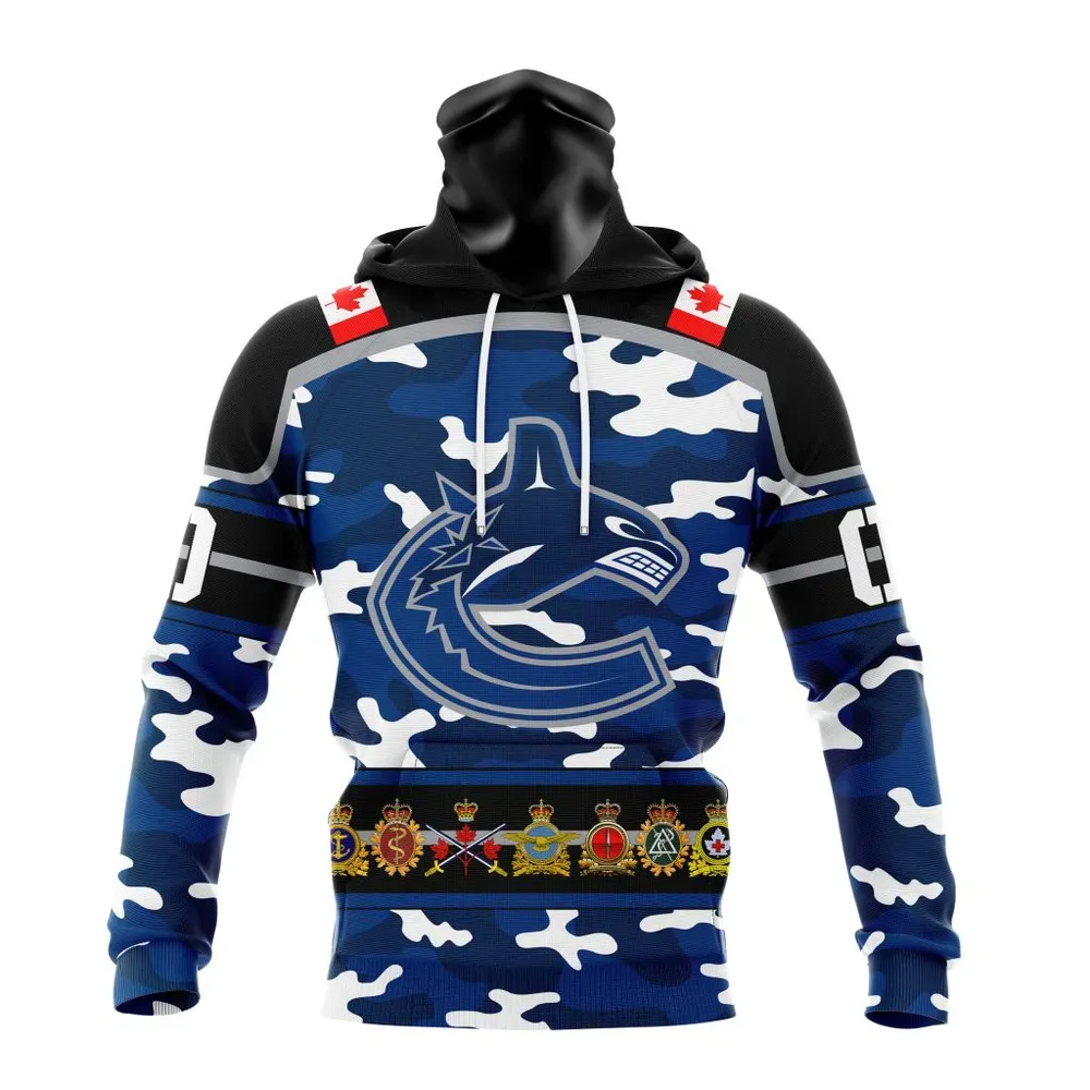 NHL Vancouver Canucks | Specialized Design Wih Camo Team Color And Military Force Logo Mask Hoodie