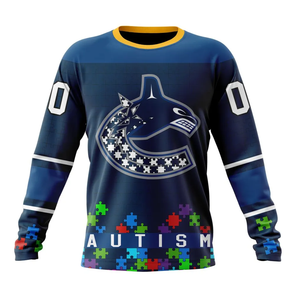 NHL Vancouver Canucks | Specialized Unisex Kits Hockey Fights Against Autism Long Sleeved Sweatshirt 