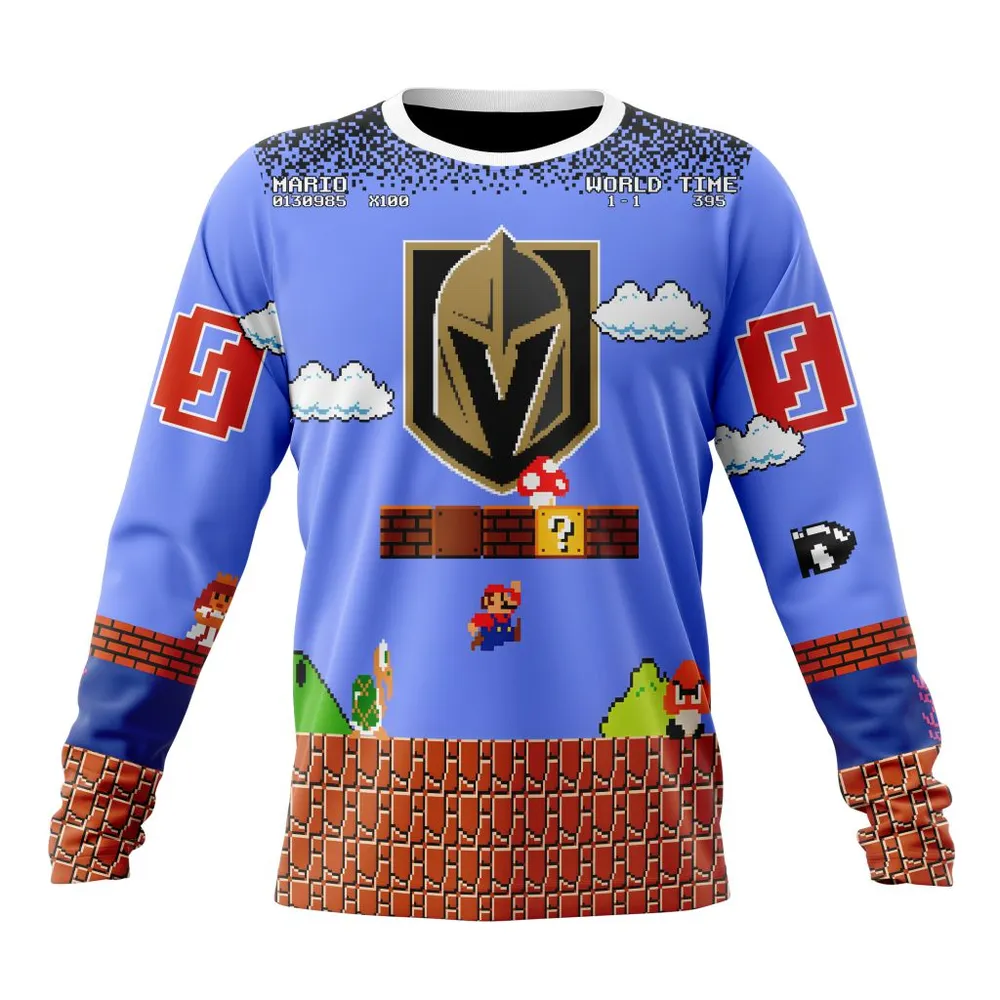 NHL Vegas Golden Knights Special Kits With Super Mario Game Design Long Sleeved Sweatshirt 