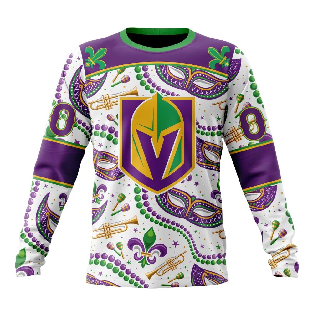 NHL Vegas Golden Knights Special Mardi Gras Design St2401 Long Sleeved Sweatshirt 