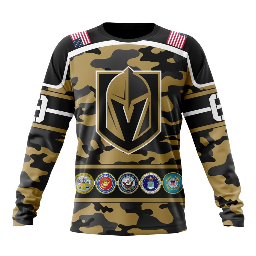 NHL Vegas Golden Knights | Specialized Design Wih Camo Team Color And Military Force Logo Long Sleeved Sweatshirt 