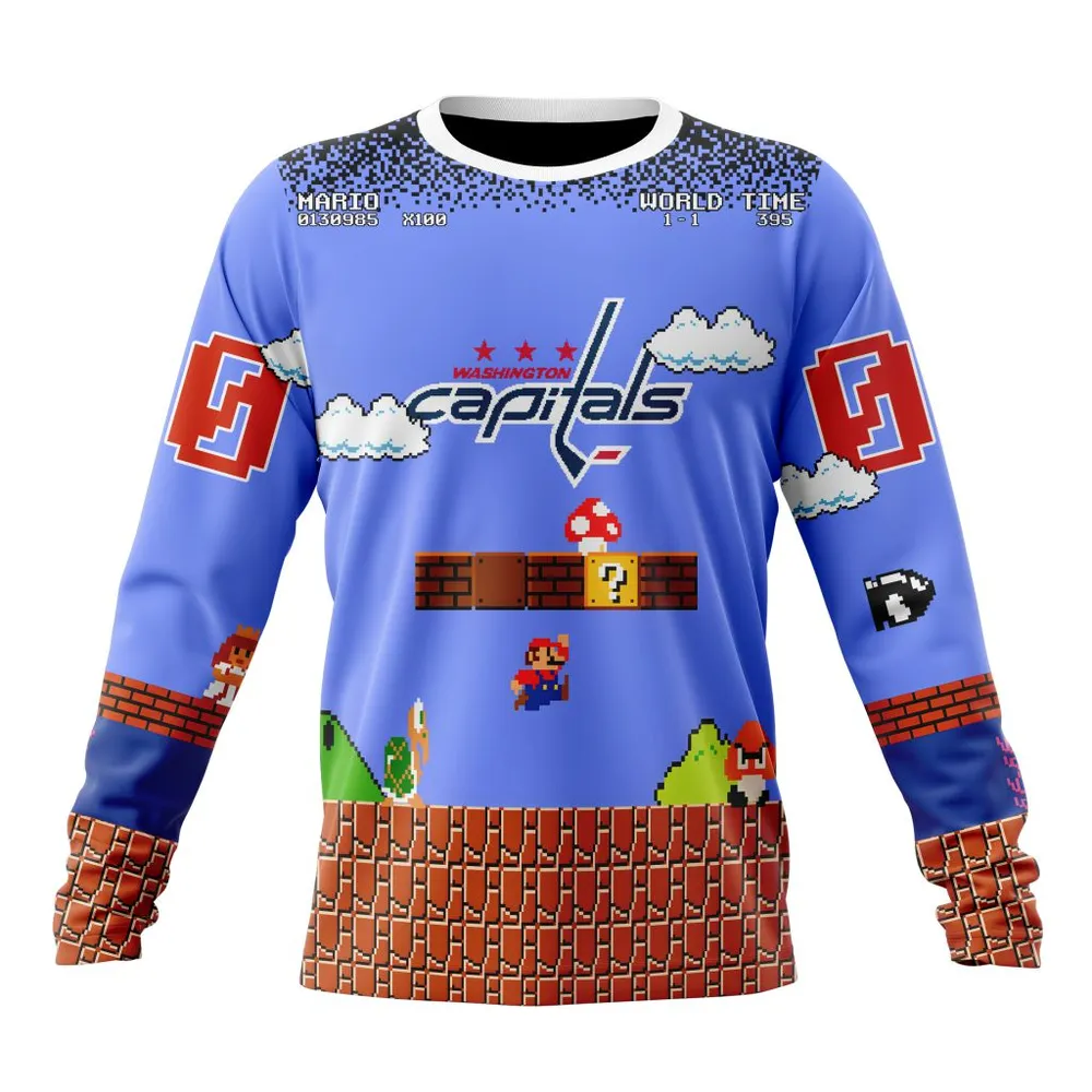 NHL Washington Capitals Special Kits With Super Mario Game Design Long Sleeved Sweatshirt 