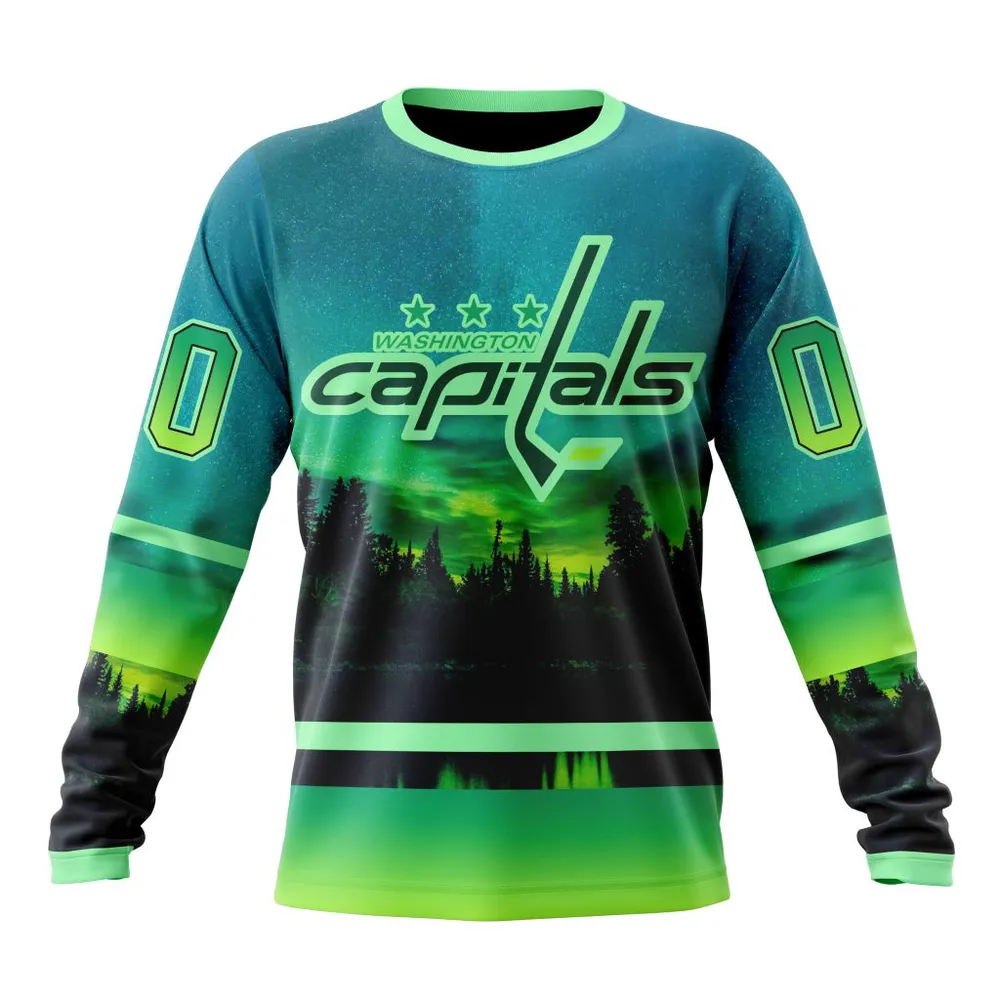 NHL Washington Capitals Special Northern Lights Design St2302 Long Sleeved Sweatshirt 