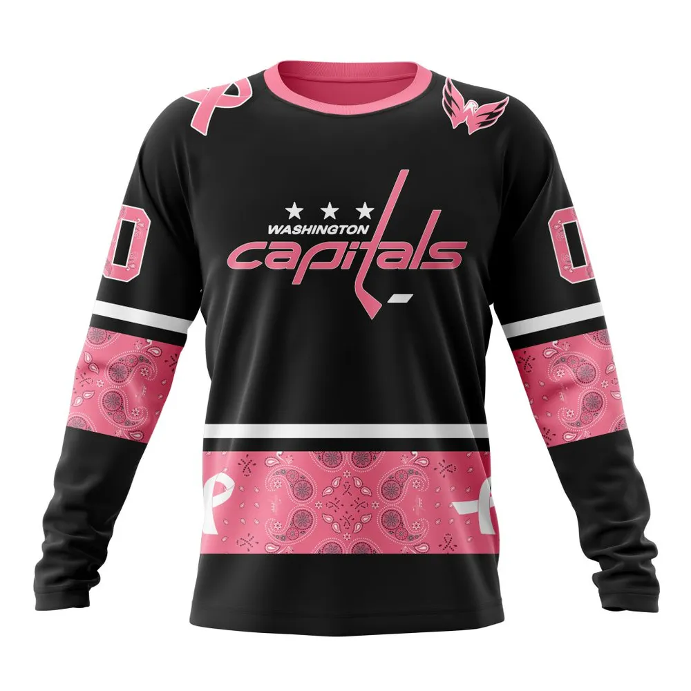 NHL Washington Capitals | Specialized Design In Classic Style With Paisley! In October We Wear Pink Breast Cancer Long Sleeved Sweatshirt 