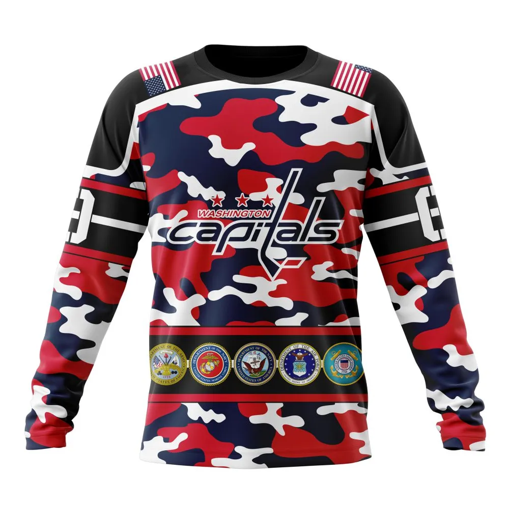 NHL Washington Capitals | Specialized Design Wih Camo Team Color And Military Force Logo Long Sleeved Sweatshirt 