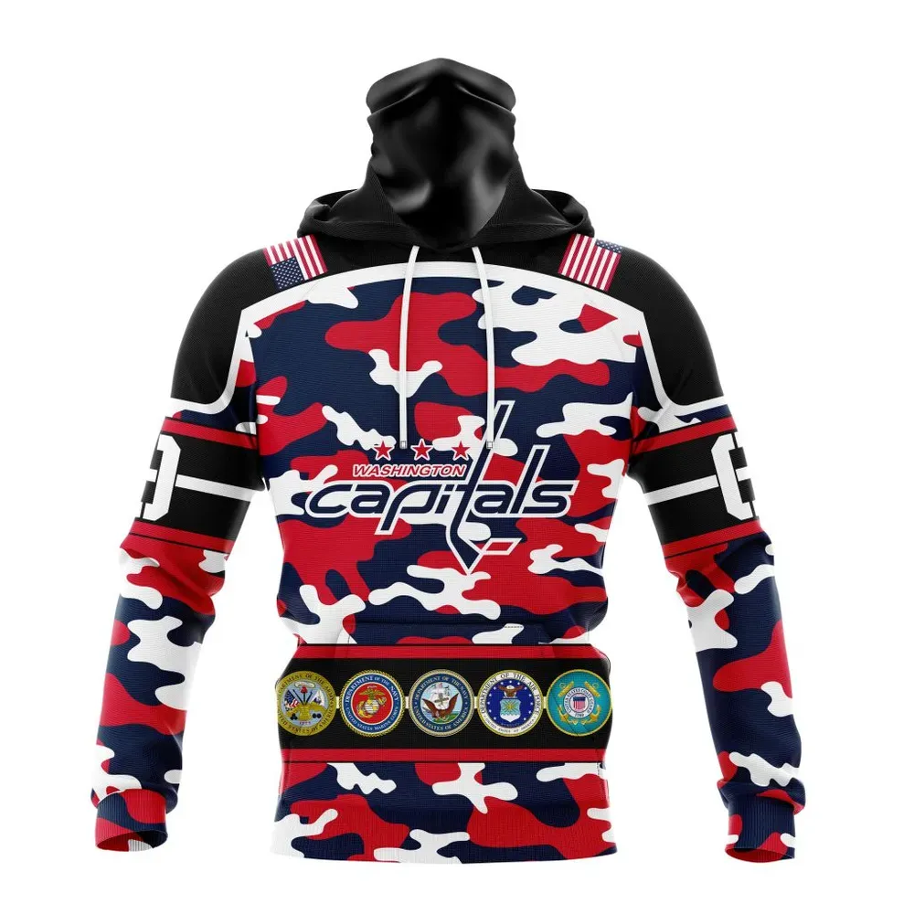 NHL Washington Capitals | Specialized Design Wih Camo Team Color And Military Force Logo Mask Hoodie