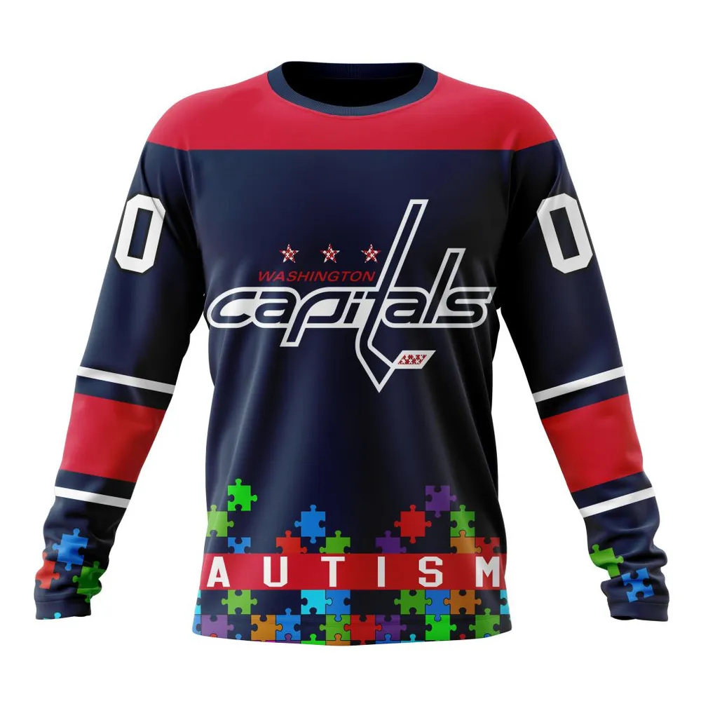 NHL Washington Capitals | Specialized Unisex Kits Hockey Fights Against Autism Long Sleeved Sweatshirt 