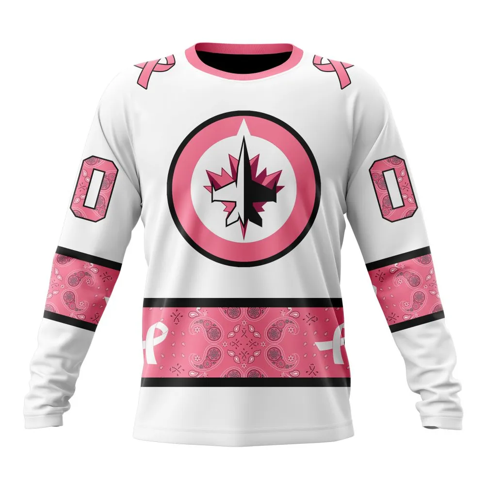 NHL Winnipeg Jets In Classic Style With Paisley! In October We Wear Pink Breast Cancer Long Sleeved Sweatshirt 