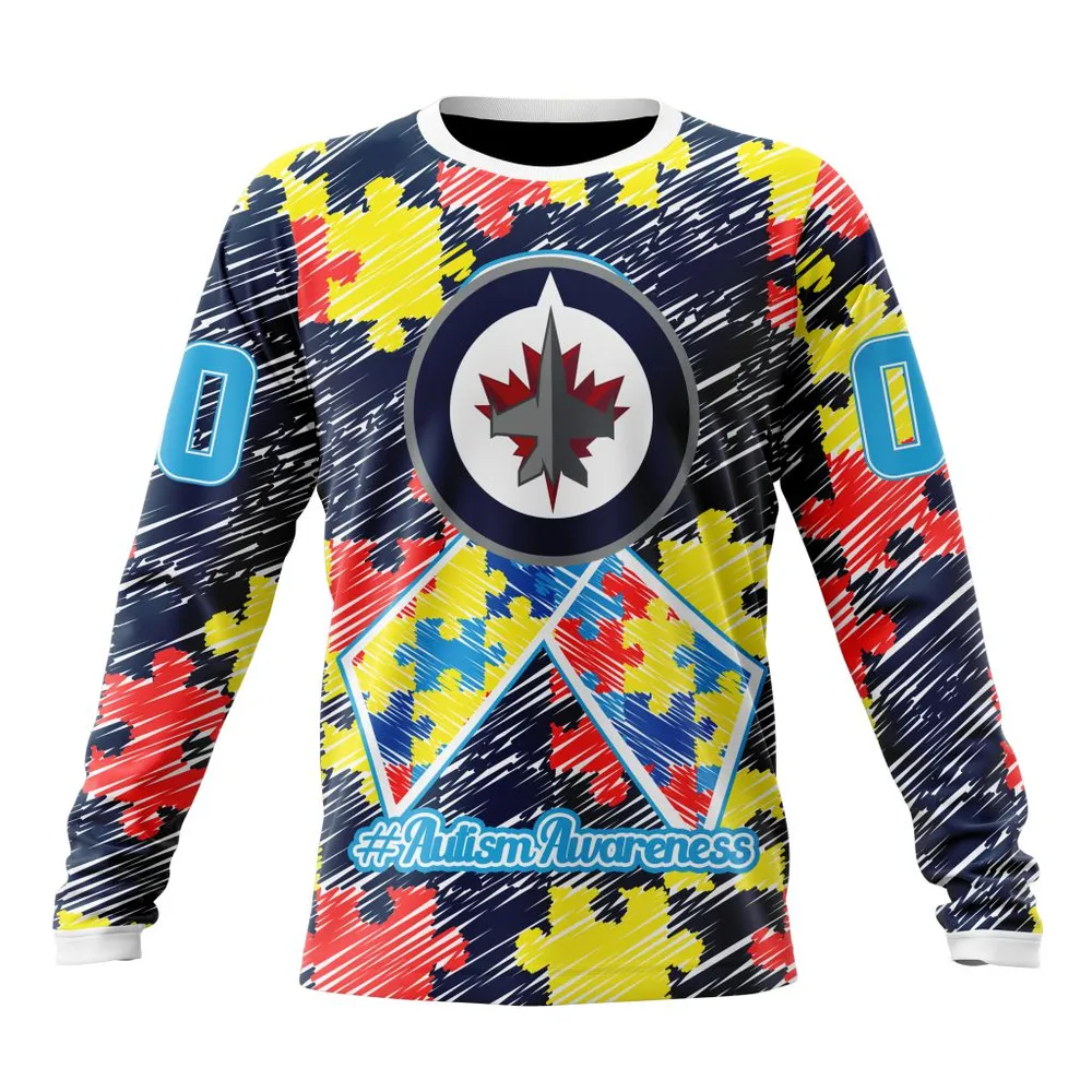 NHL Winnipeg Jets Special Autism Awareness Design St2201 Long Sleeved Sweatshirt 