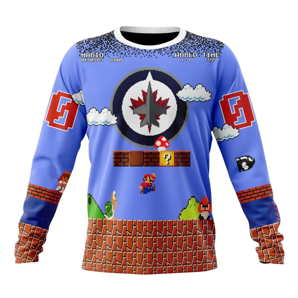 NHL Winnipeg Jets Special Kits With Super Mario Game Design Long Sleeved Sweatshirt 