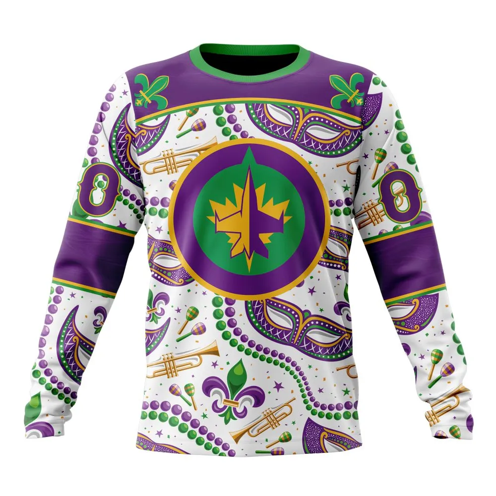 NHL Winnipeg Jets Special Mardi Gras Design St2401 Long Sleeved Sweatshirt 