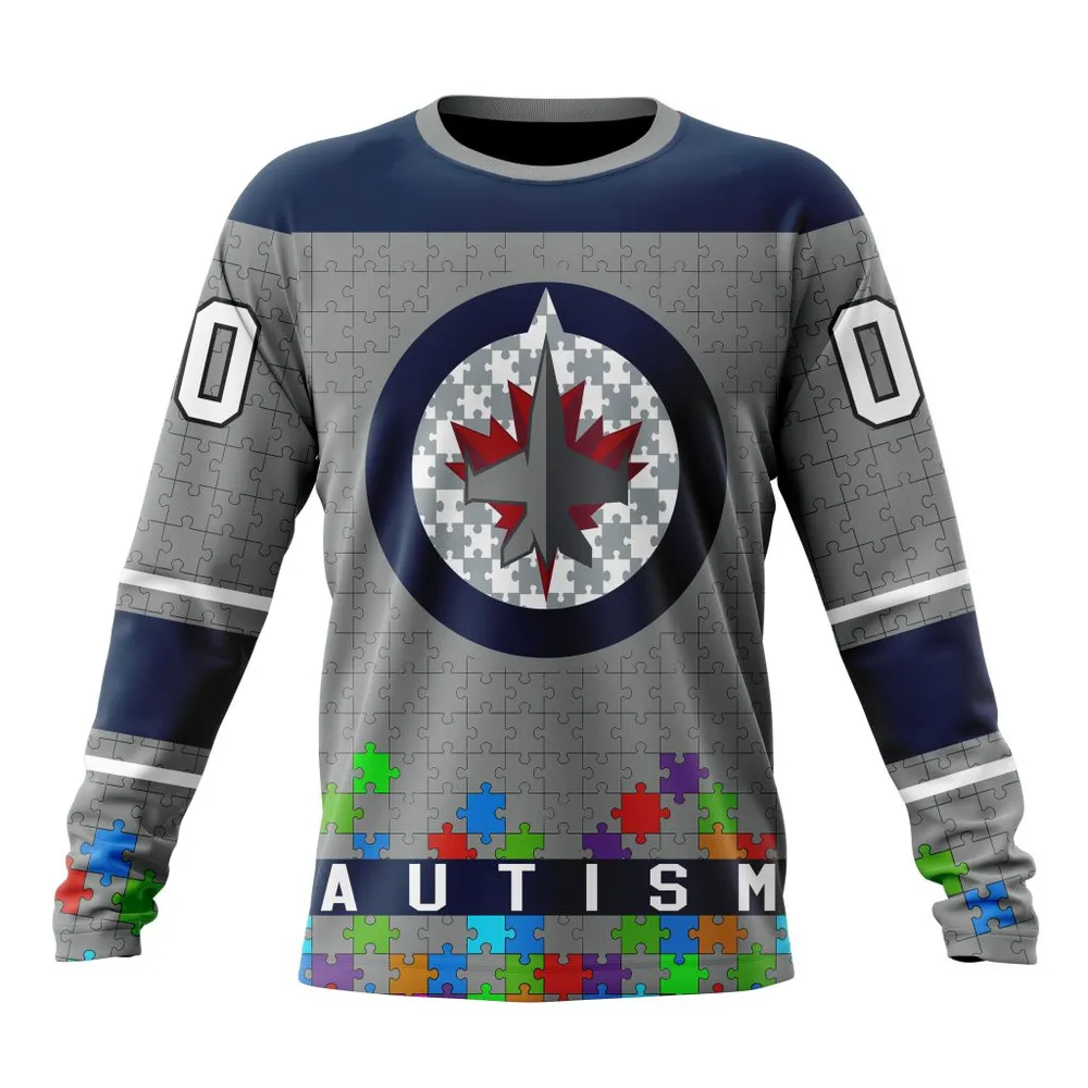 NHL Winnipeg Jets | Specialized Unisex Kits Hockey Fights Against Autism Long Sleeved Sweatshirt 