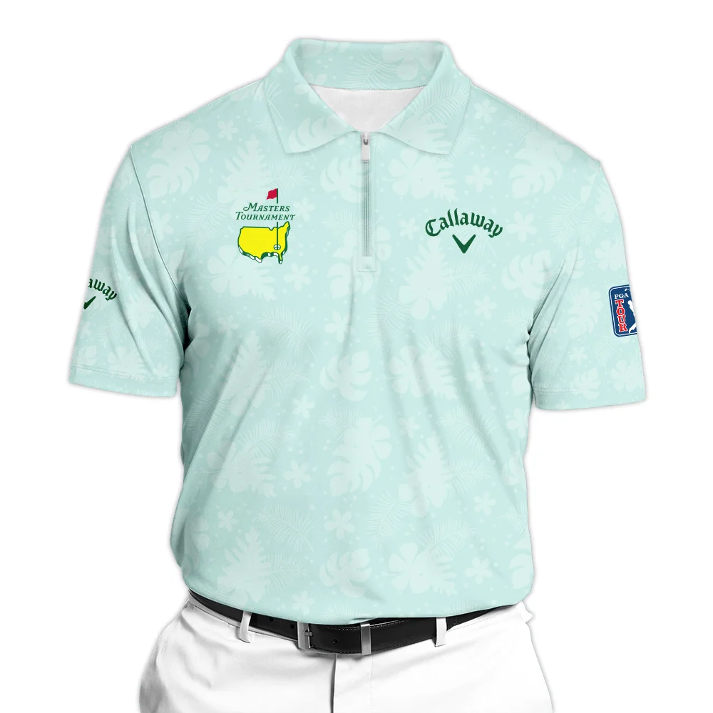 Callaway Masters Tournament Sports Zipper Polo Shirt Green Pastel Floral Hawaiian Pattern All Over Print Zipper Polo Shirt For Men