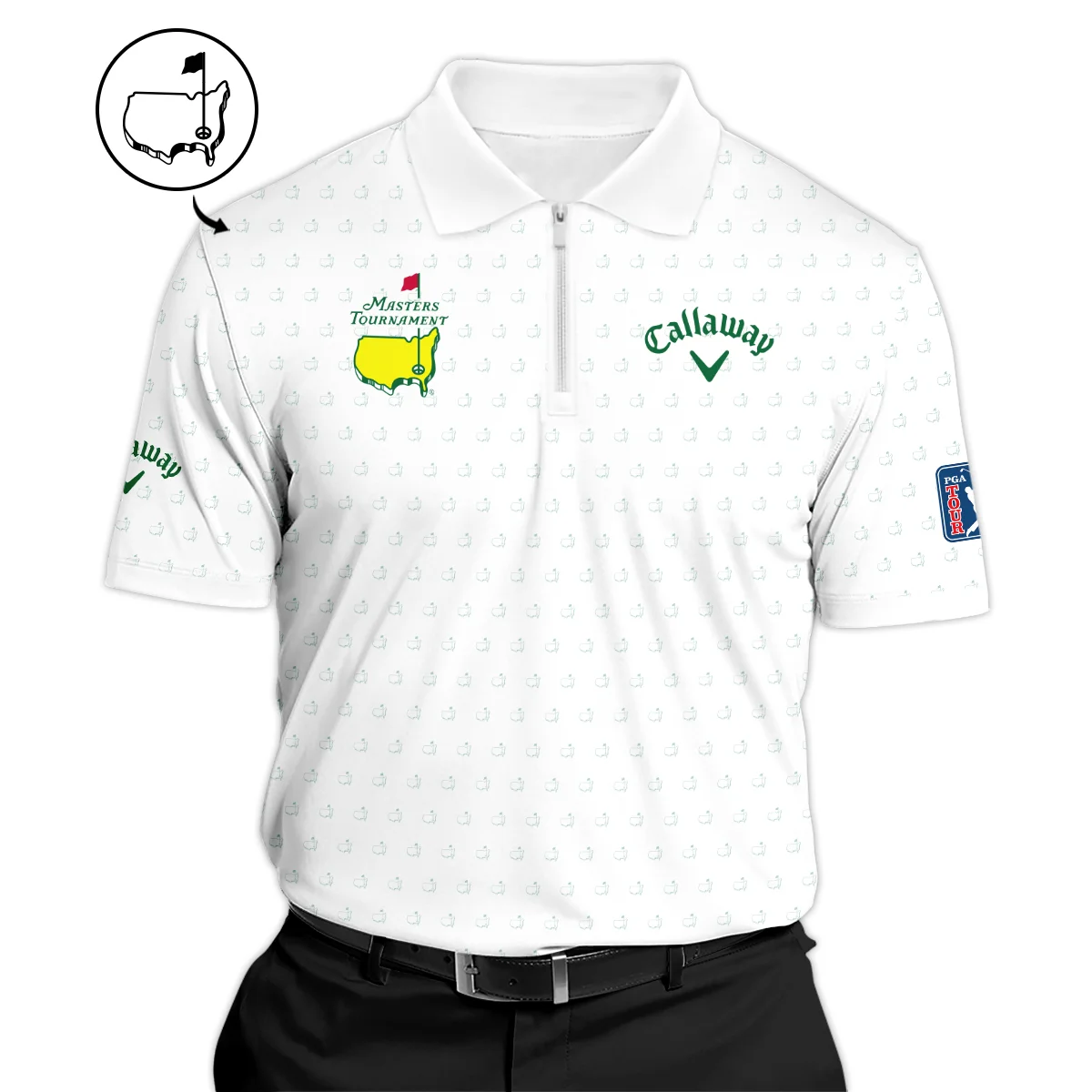 Golf Sport Masters Tournament Callaway Zipper Polo Shirt Sports Logo Pattern White Green Zipper Polo Shirt For Men