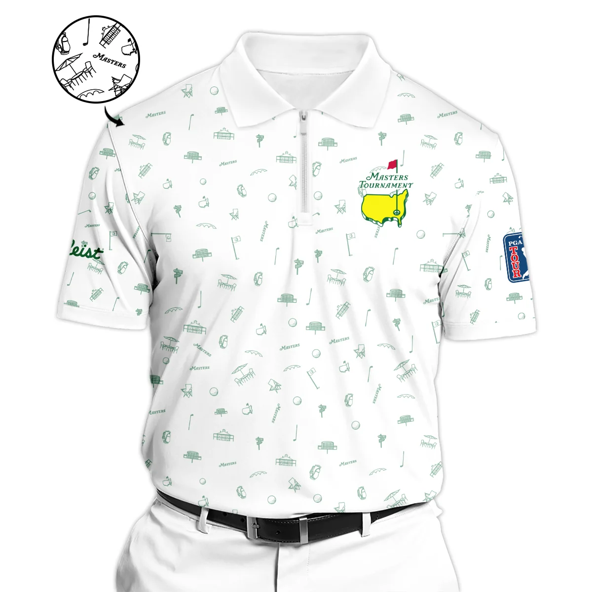 Golf Sport Masters Tournament Titleist Zipper Polo Shirt Sports Augusta Icons Pattern White Green Zipper Polo Shirt For Men