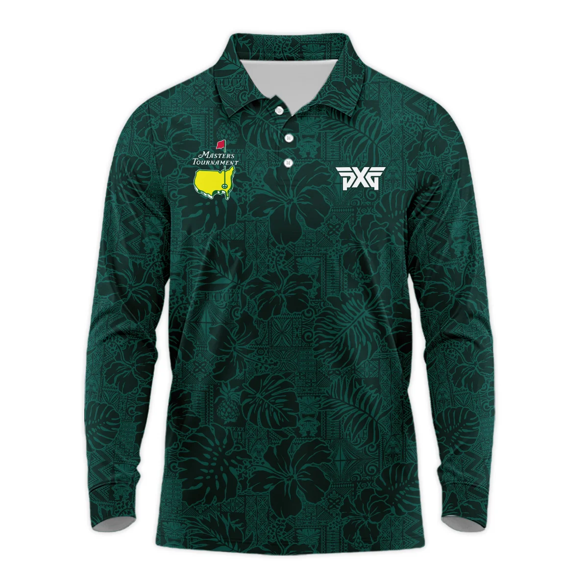 Hibiscus And Tropical Leaves With Tribal Elements Pattern Golf Masters Tournament Long Polo Shirt Style Classic Long Polo Shirt For Men