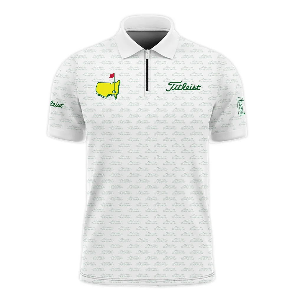 Masters Tournament Golf Titleist Zipper Polo Shirt Logo Text Pattern White Green Golf Sports All Over Print Zipper Polo Shirt For Men