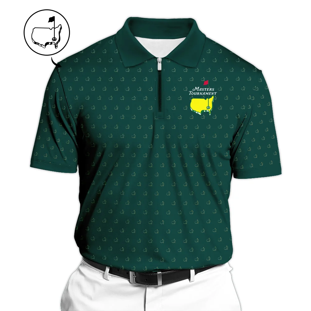 Masters Tournament Golf Zipper Polo Shirt Pattern Cup Dark Green Zipper Polo Shirt For Men