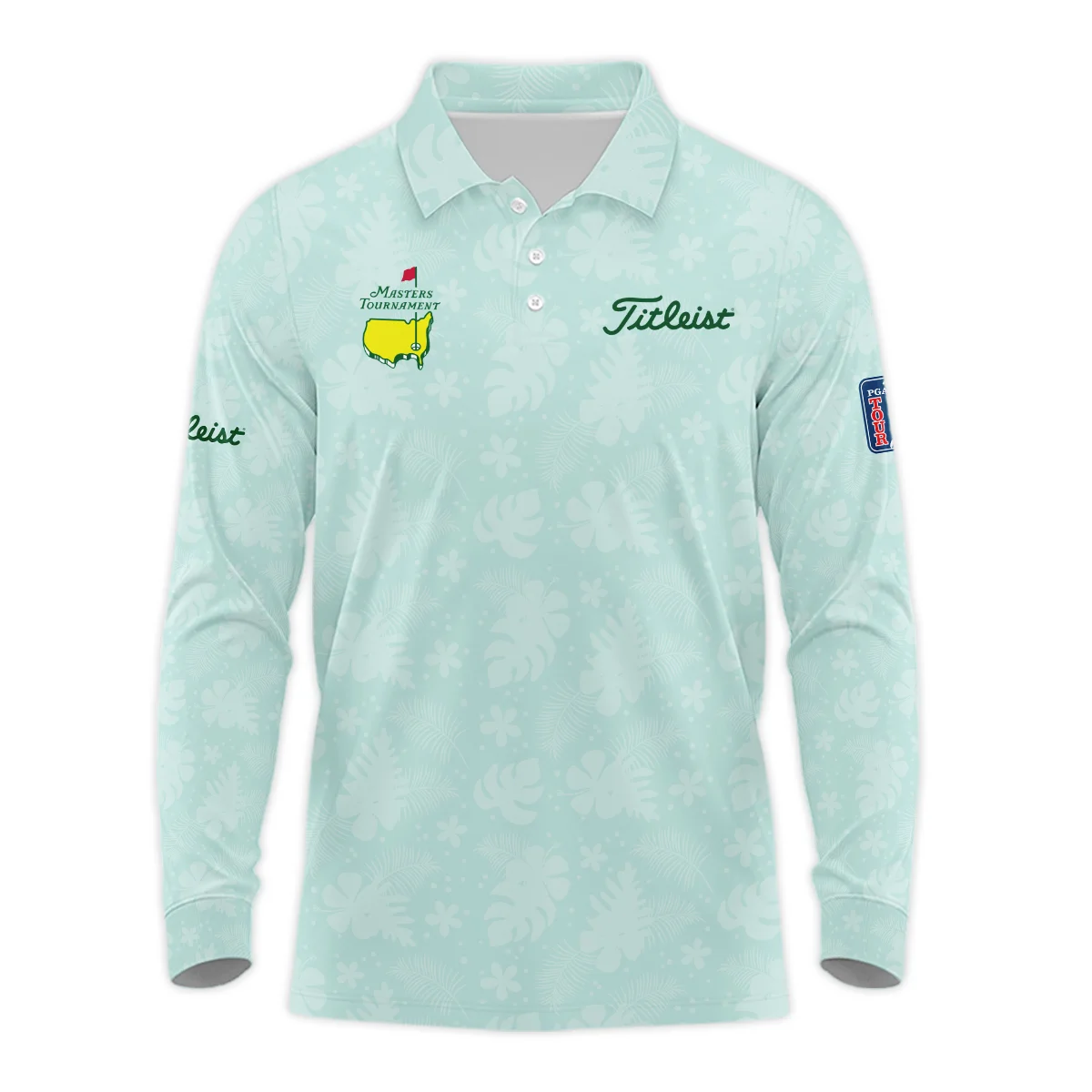 Titleist Masters Tournament Sports Long Polo Shirt Green Pastel Floral Hawaiian Pattern All Over Print Long Polo Shirt For Men