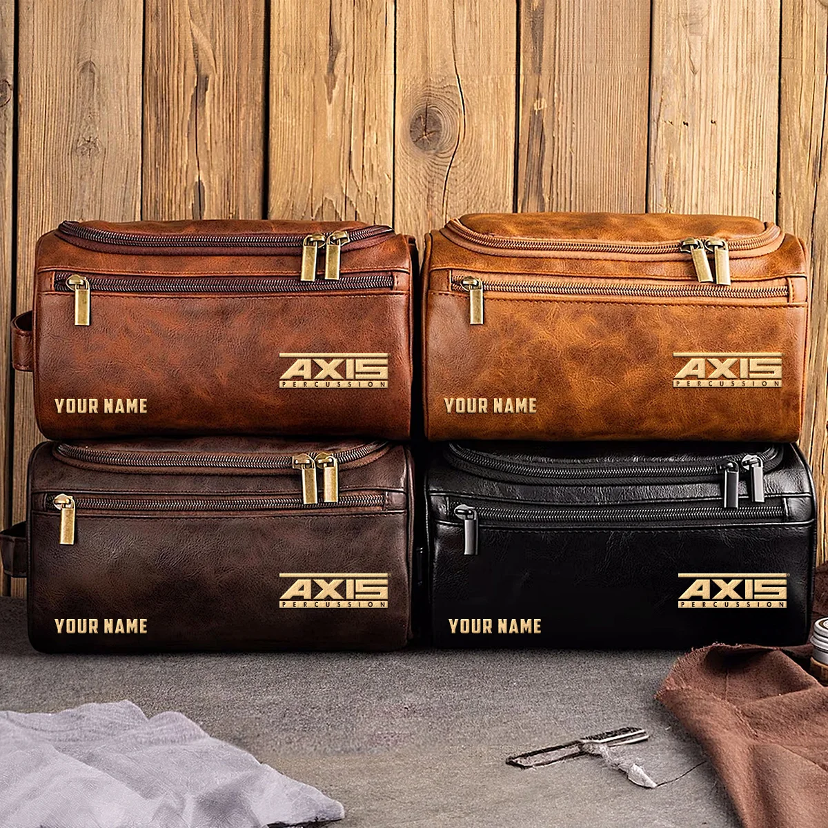 Axis Drums Exclusive Logo - Personalized Leather Toiletry Bag QTDR210425A1AXS - Light Brown