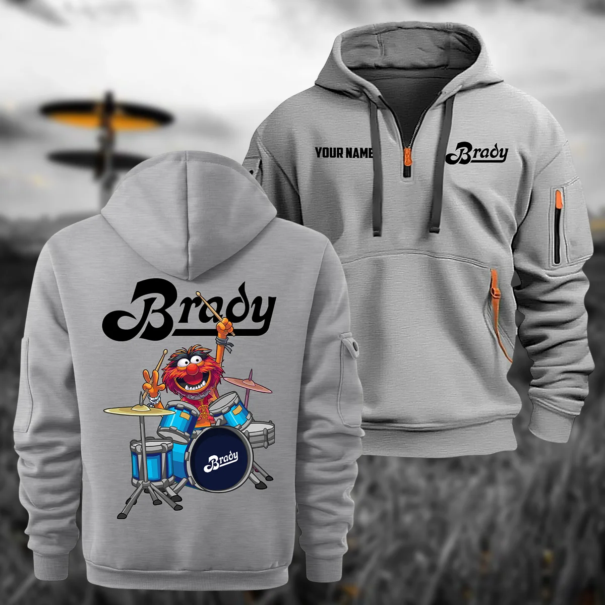Brady Drums Exclusive Logo - Personalized Hoodie Half Zipper QTDR210425A4BDY - Gray