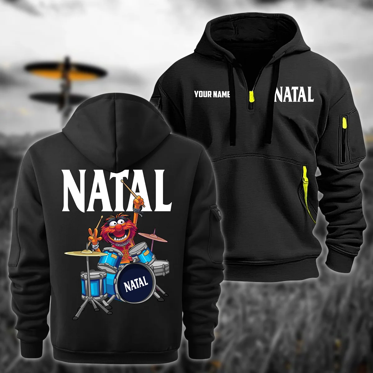 Natal Drums Exclusive Logo - Personalized Hoodie Half Zipper QTDR210425A4NAT - Black