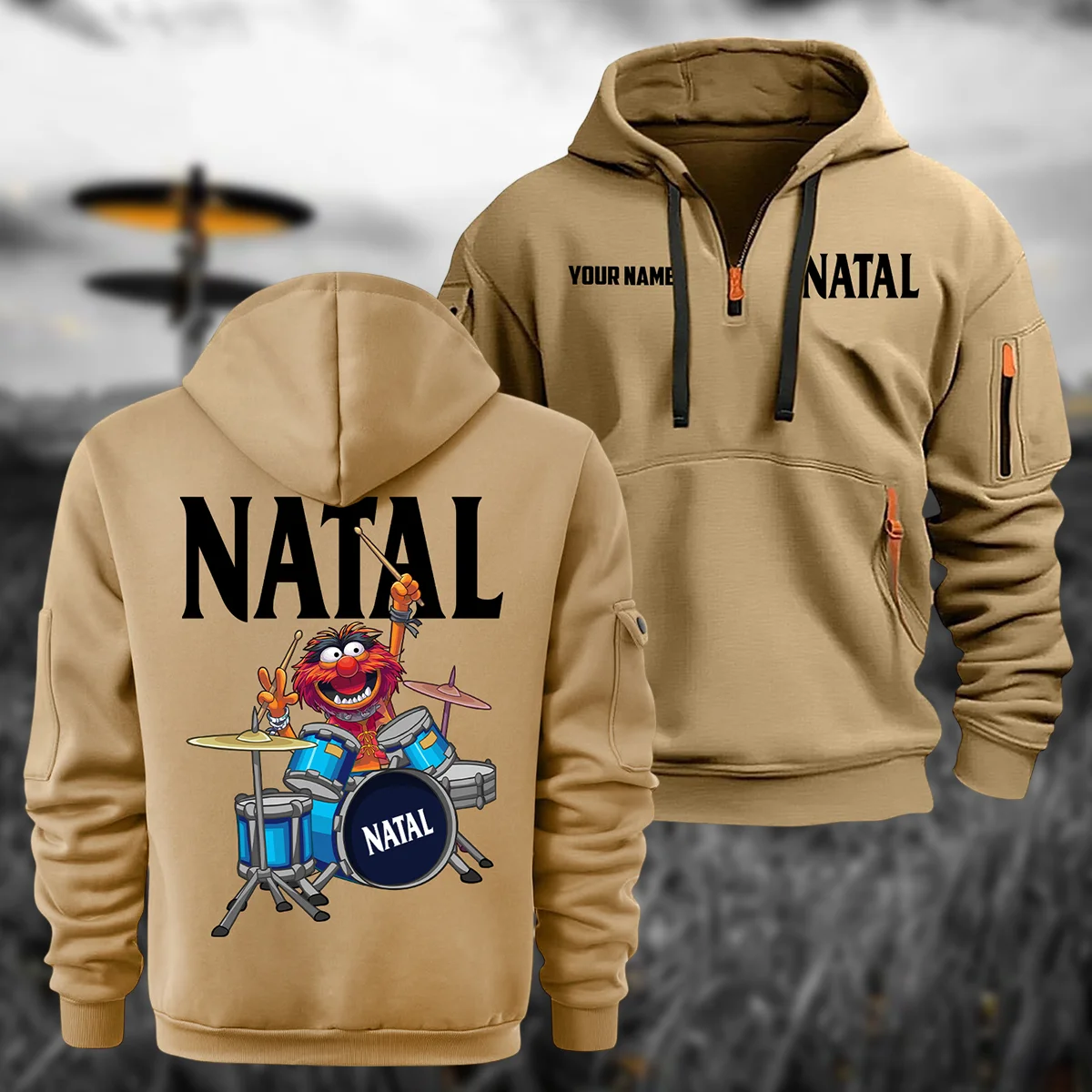 Natal Drums Exclusive Logo - Personalized Hoodie Half Zipper QTDR210425A4NAT - Khaki