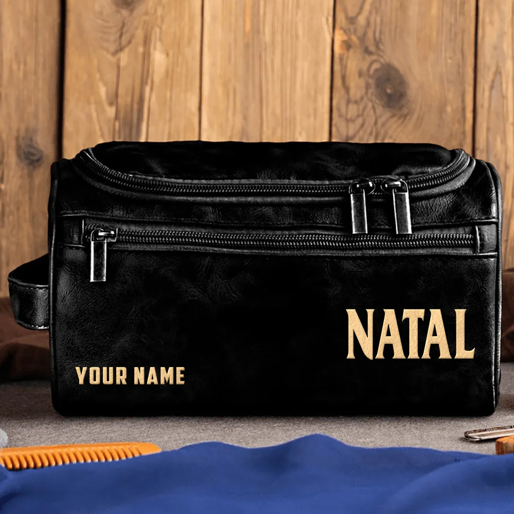 Natal Drums Exclusive Logo - Personalized Leather Toiletry Bag QTDR210425A1NAT - Black