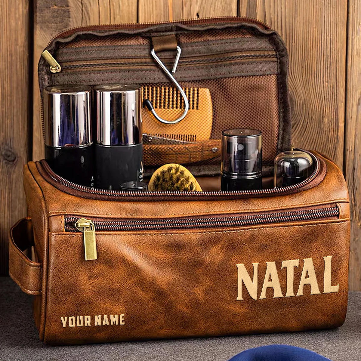 Natal Drums Exclusive Logo - Personalized Leather Toiletry Bag QTDR210425A1NAT - Black
