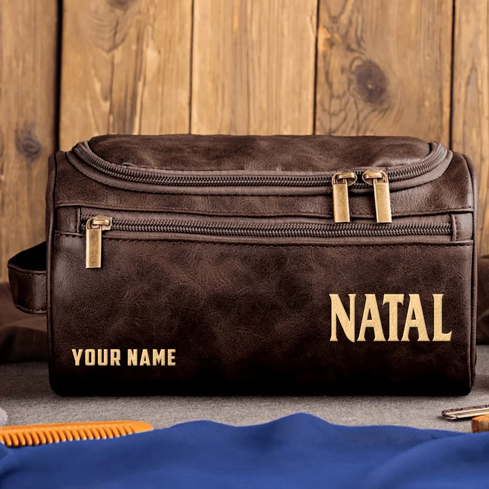 Natal Drums Exclusive Logo - Personalized Leather Toiletry Bag QTDR210425A1NAT - Coffee