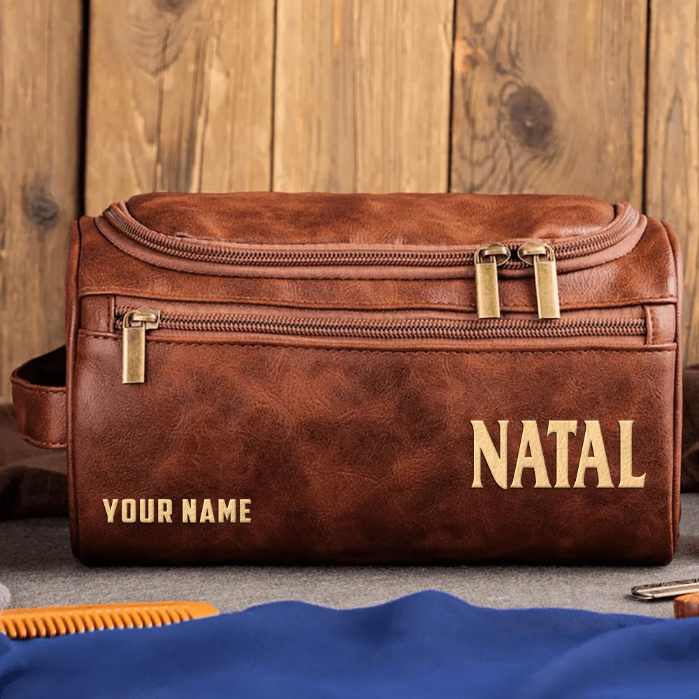 Natal Drums Exclusive Logo - Personalized Leather Toiletry Bag QTDR210425A1NAT - Dark Brown