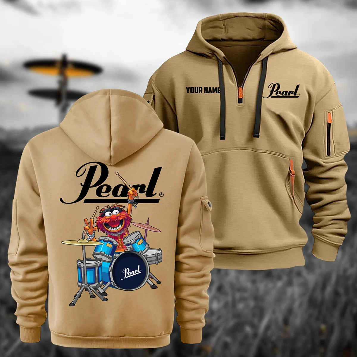 Pearl Drums Exclusive Logo - Personalized Hoodie Half Zipper QTDR210425A4PRL - Khaki