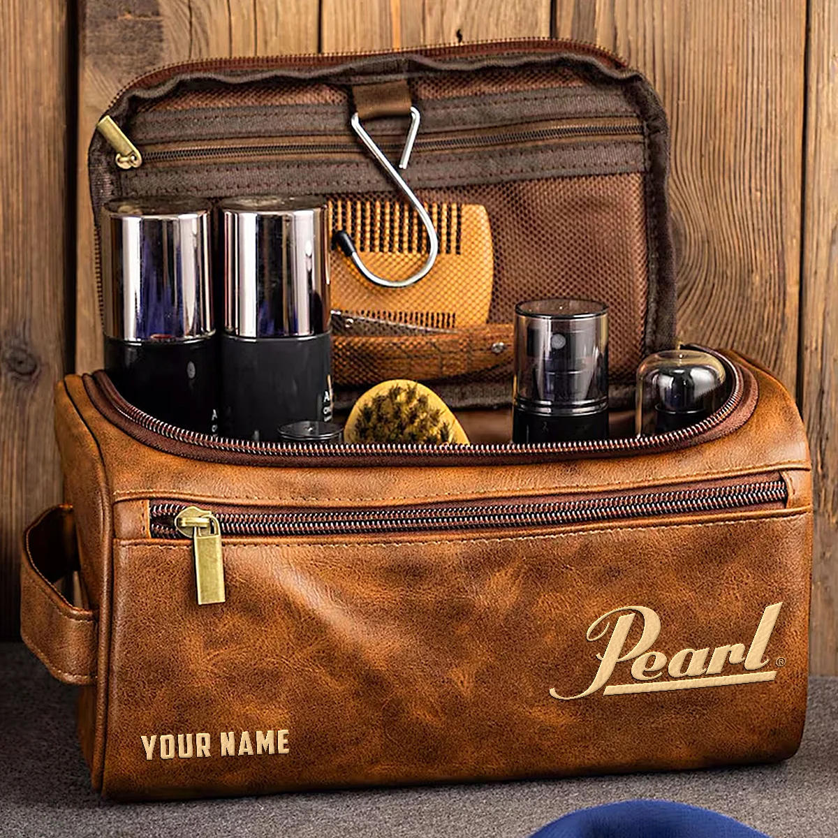 Pearl Drums Exclusive Logo - Personalized Leather Toiletry Bag QTDR210425A1PRL - Coffee