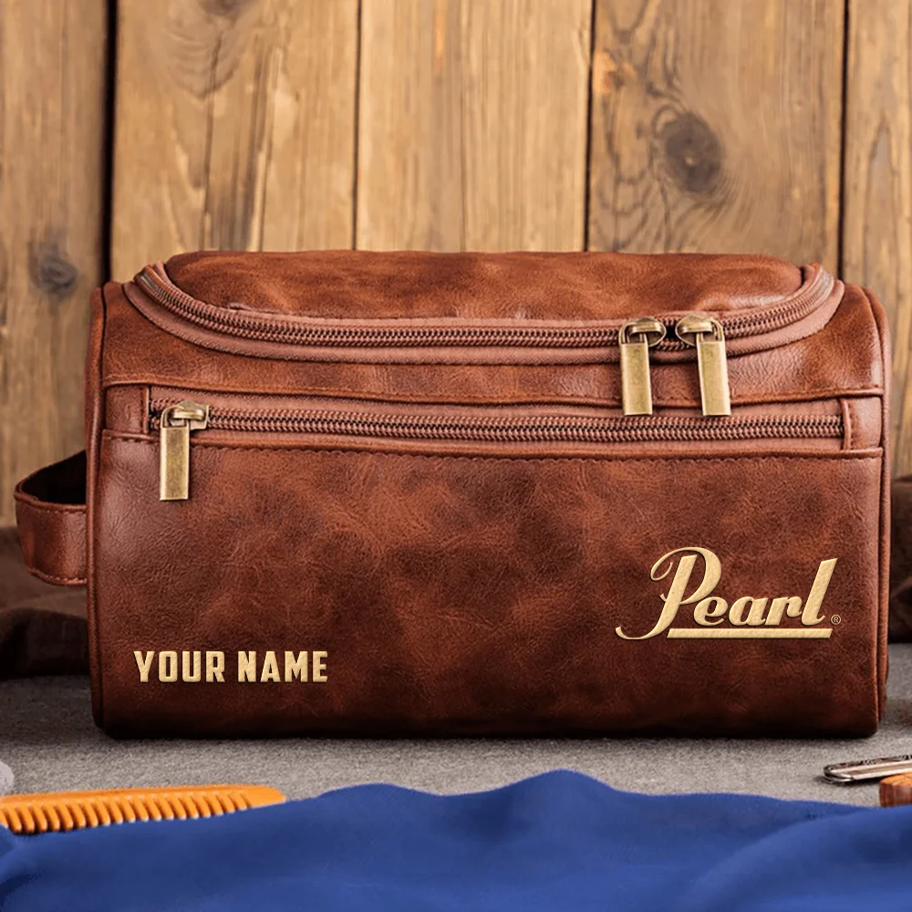 Pearl Drums Exclusive Logo - Personalized Leather Toiletry Bag QTDR210425A1PRL - Dark Brown