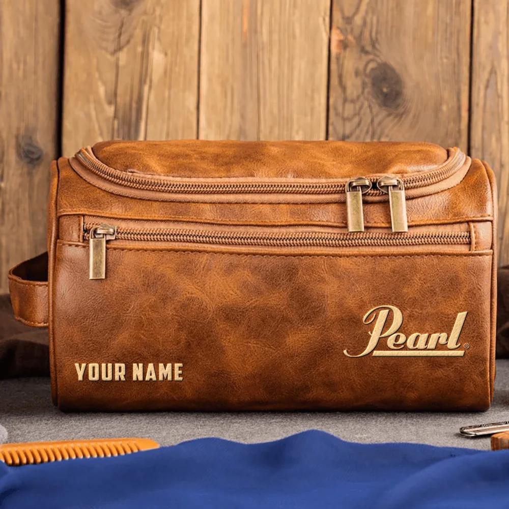Pearl Drums Exclusive Logo - Personalized Leather Toiletry Bag QTDR210425A1PRL - Light Brown
