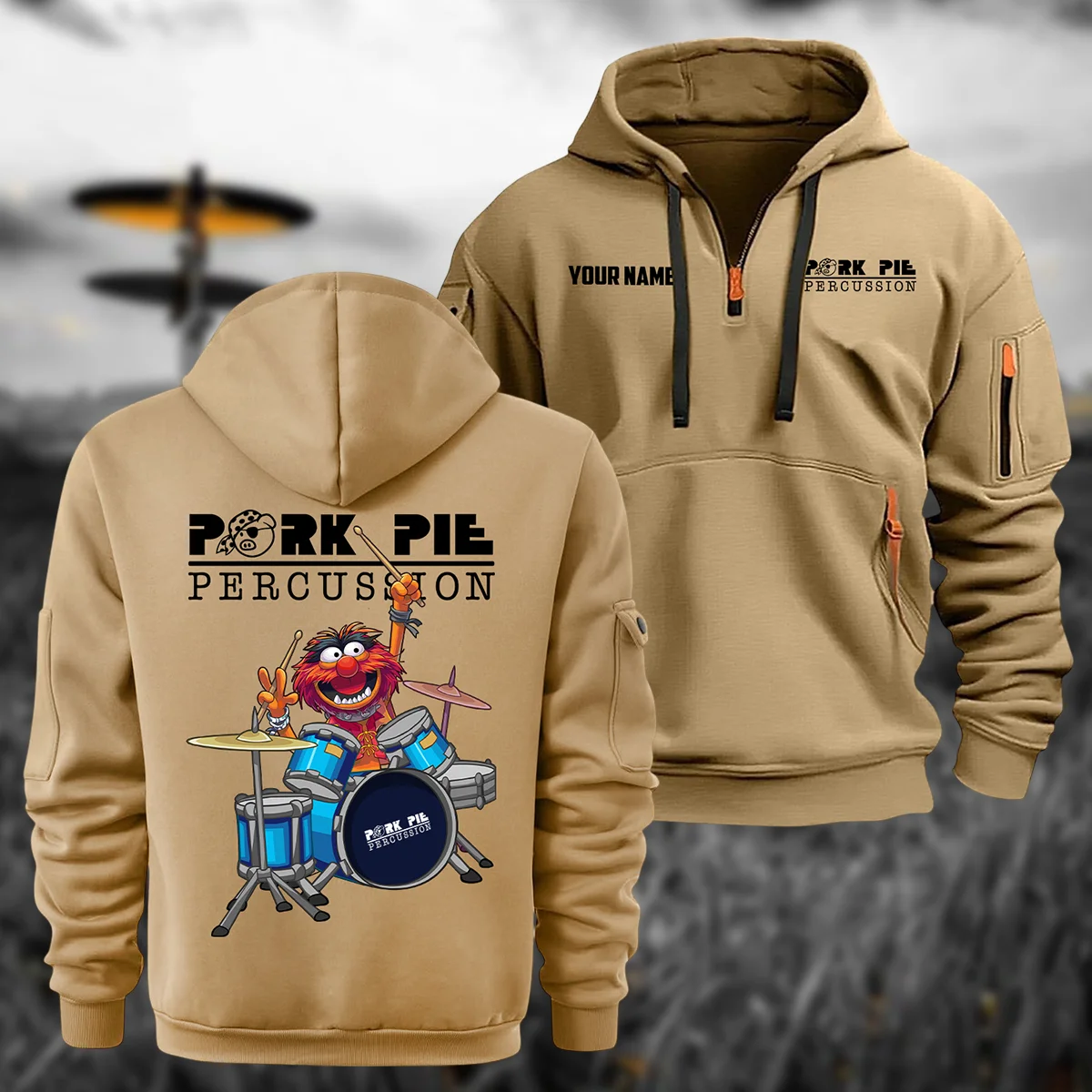 Pork Pie Drums Exclusive Logo - Personalized Hoodie Half Zipper QTDR210425A4PPD - Khaki
