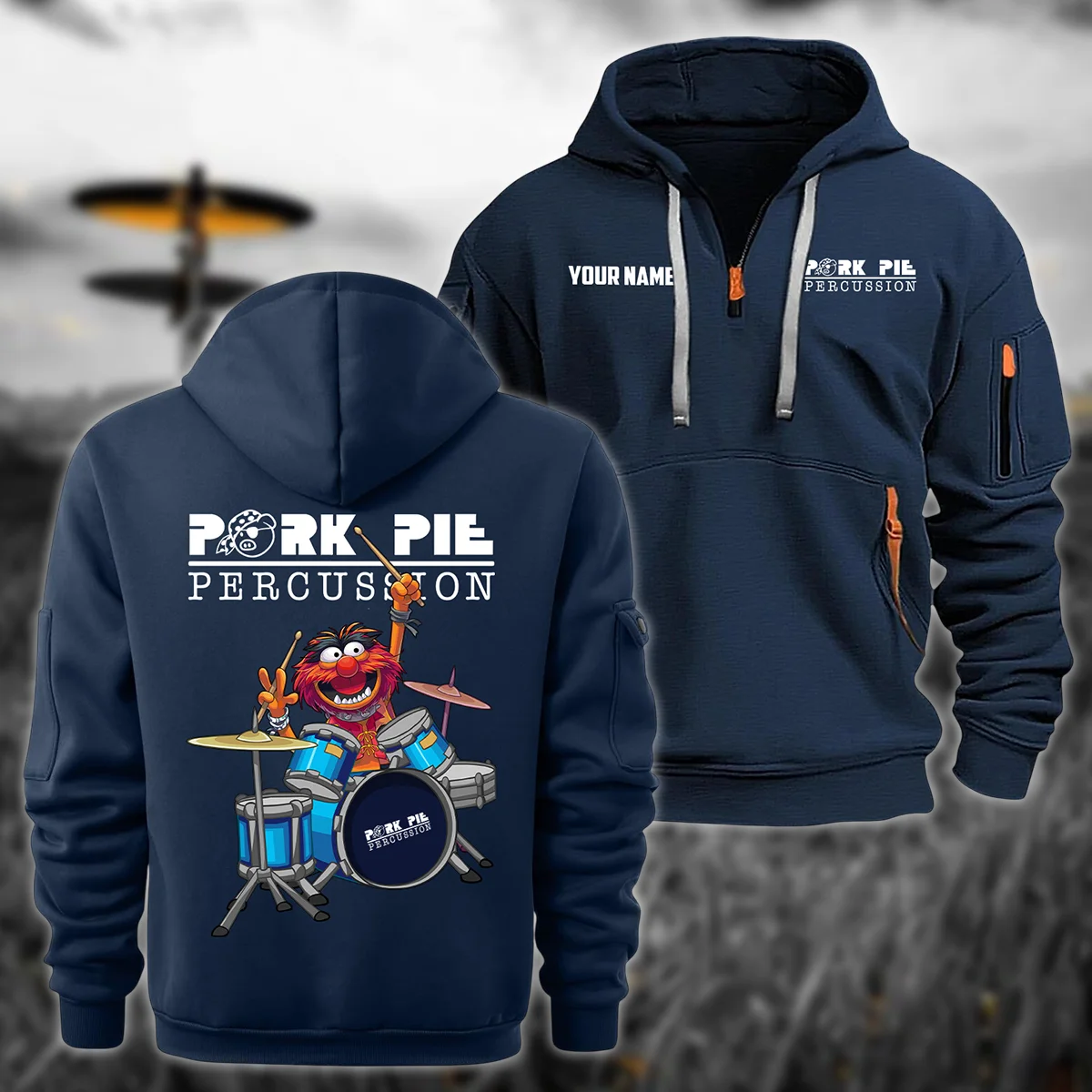 Pork Pie Drums Exclusive Logo - Personalized Hoodie Half Zipper QTDR210425A4PPD - Navy