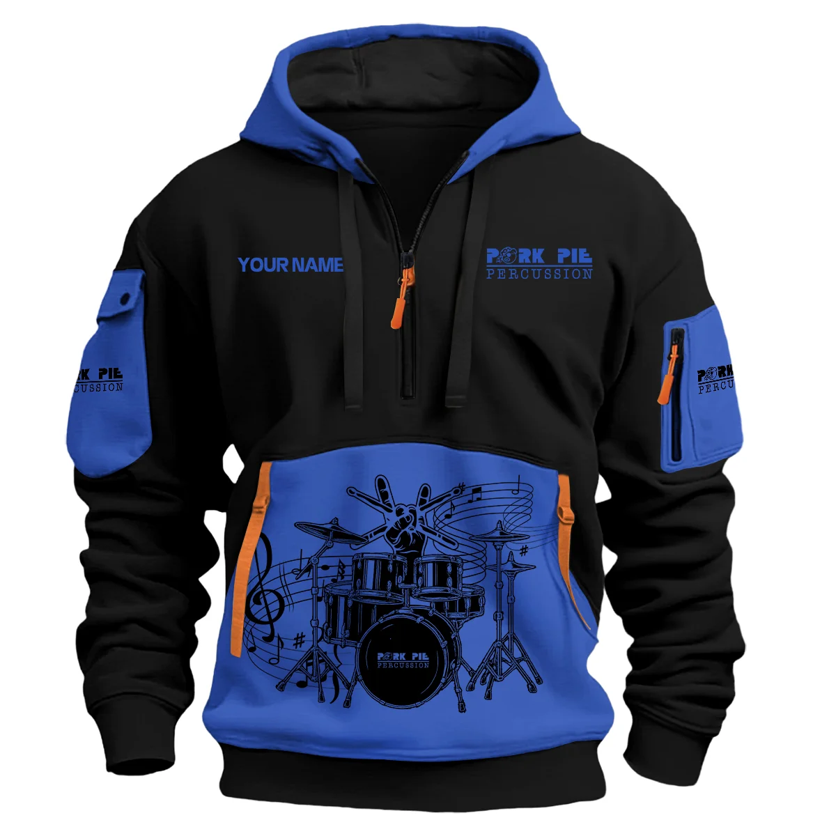 Pork Pie Drums Exclusive Logo - Personalized Hoodie Half Zipper QTDRU260425A1PPD - Blue