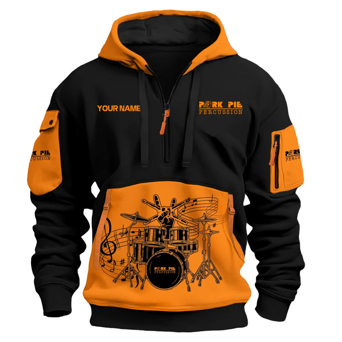 Pork Pie Drums Exclusive Logo - Personalized Hoodie Half Zipper QTDRU260425A1PPD - Orange