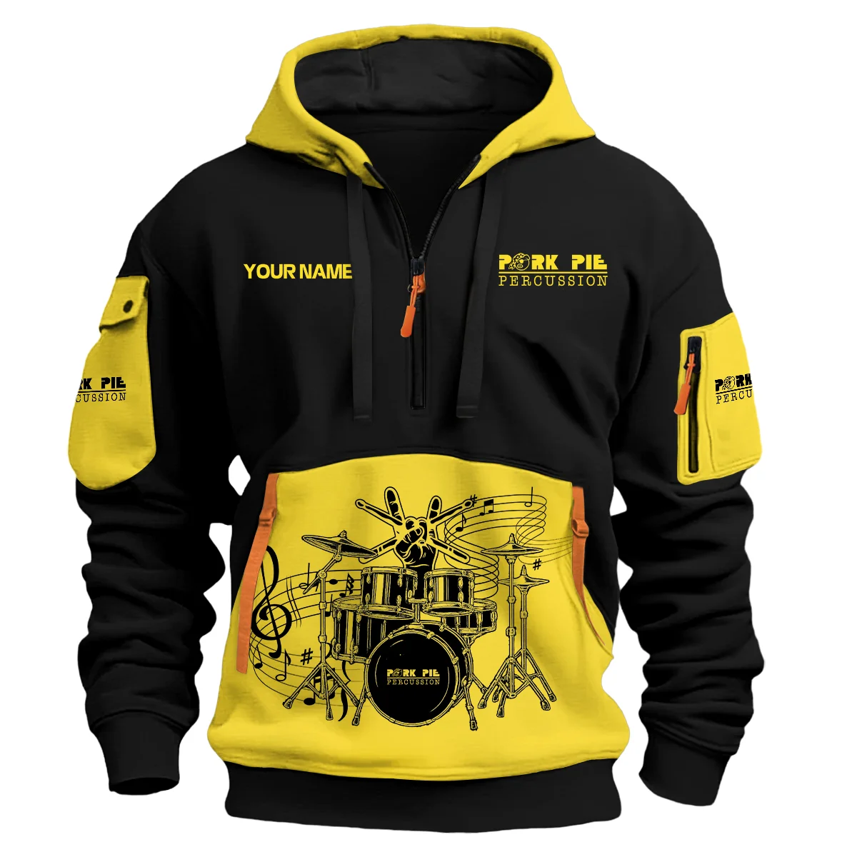 Pork Pie Drums Exclusive Logo - Personalized Hoodie Half Zipper QTDRU260425A1PPD - Orange