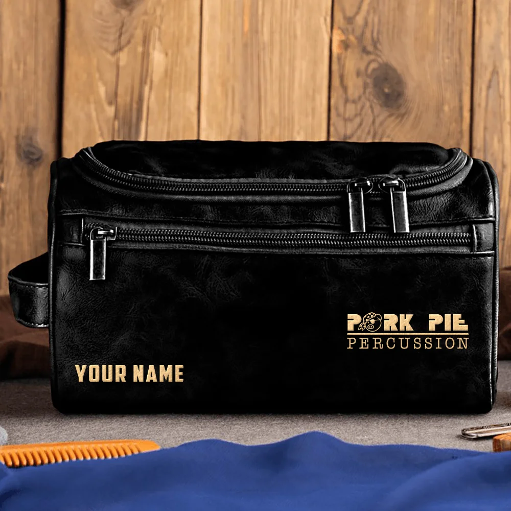 Pork Pie Drums Exclusive Logo - Personalized Leather Toiletry Bag QTDR210425A1PPD - Black
