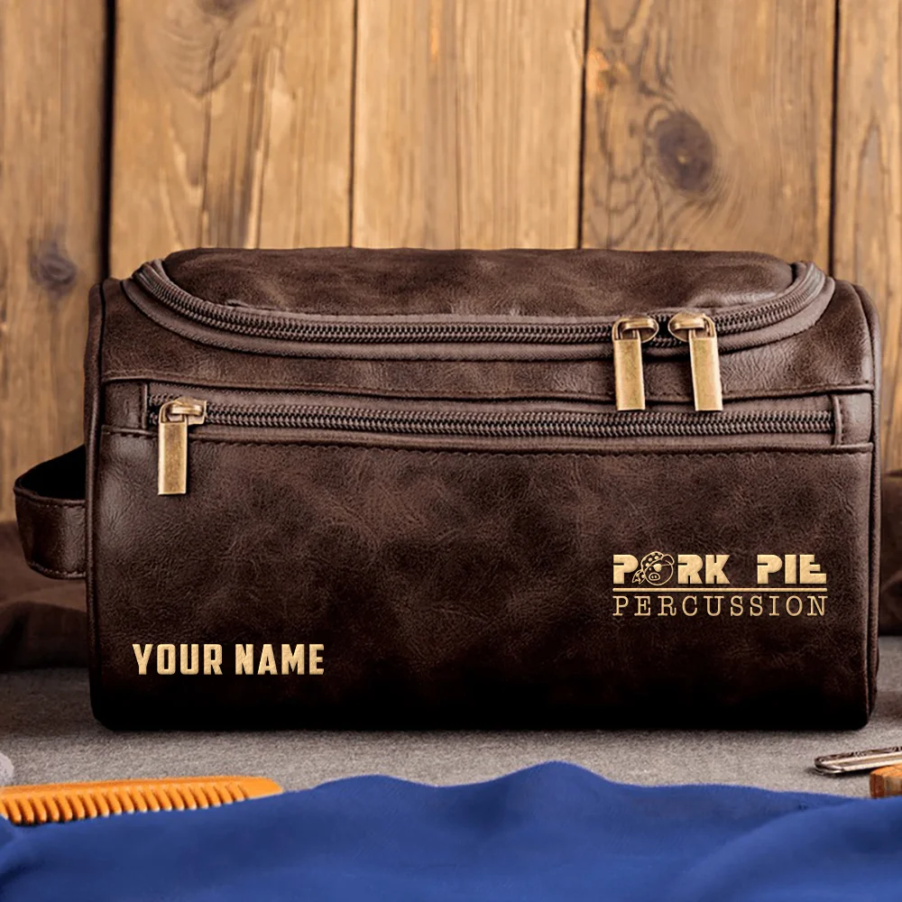 Pork Pie Drums Exclusive Logo - Personalized Leather Toiletry Bag QTDR210425A1PPD - Coffee