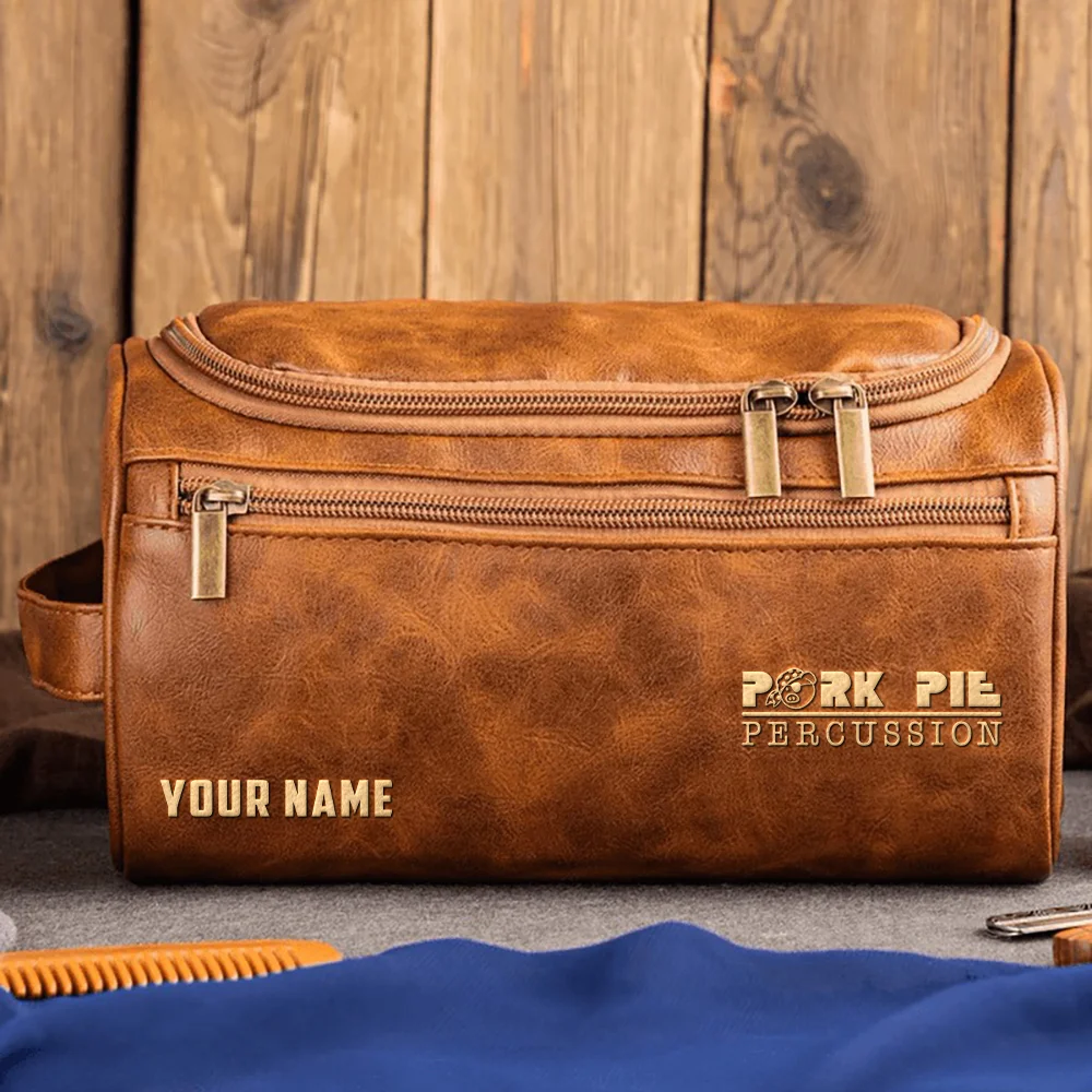 Pork Pie Drums Exclusive Logo - Personalized Leather Toiletry Bag QTDR210425A1PPD - Light Brown