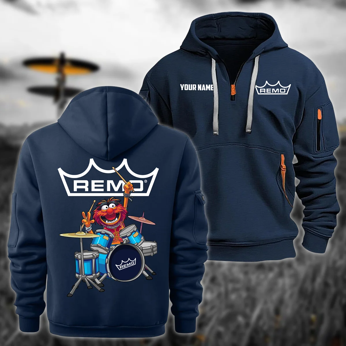 Remo Drums Exclusive Logo - Personalized Hoodie Half Zipper QTDR210425A4RMO - Navy