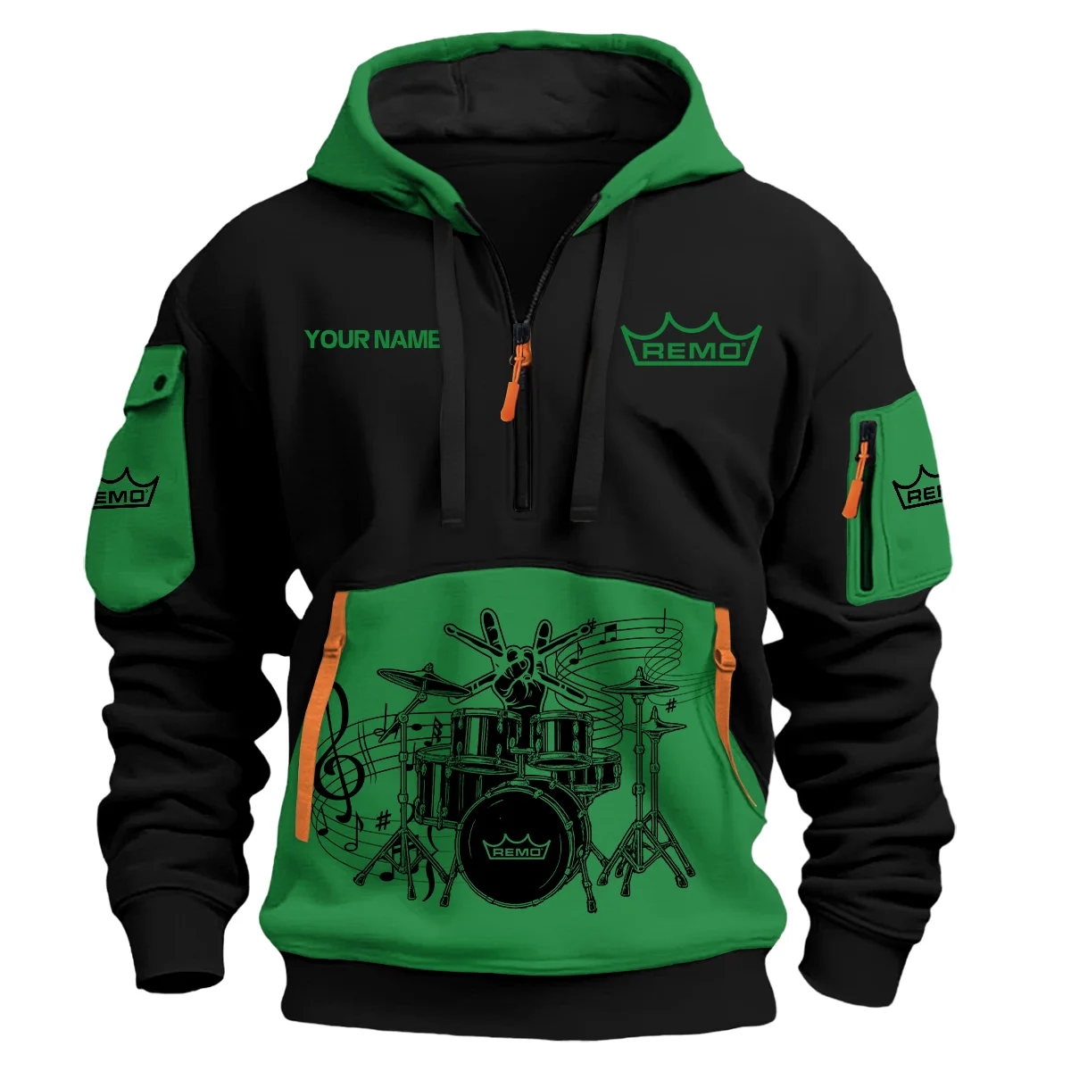 Remo Drums Exclusive Logo - Personalized Hoodie Half Zipper QTDRU260425A1RMO - Green