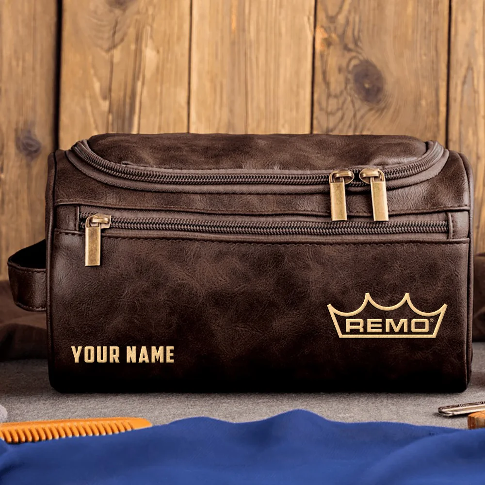 Remo Drums Exclusive Logo - Personalized Leather Toiletry Bag QTDR210425A1RMO - Coffee